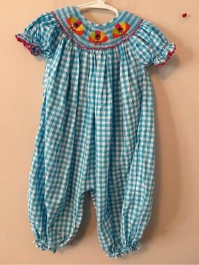 Smocked Threads By Cecil & Lou Blue Gingham Turkey Romper